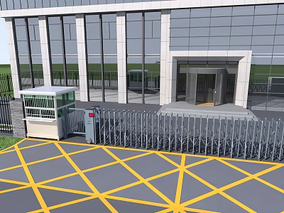 Modern Building Gate with Guard House Metal Railings and Yellow Grid Lines on Ground 3d model