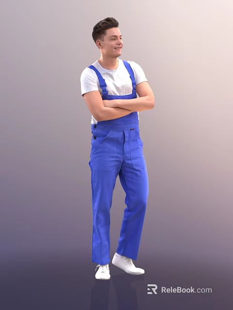 Man Wearing Blue Overalls And White T-Shirt Standing With Arms Crossed 3d model 