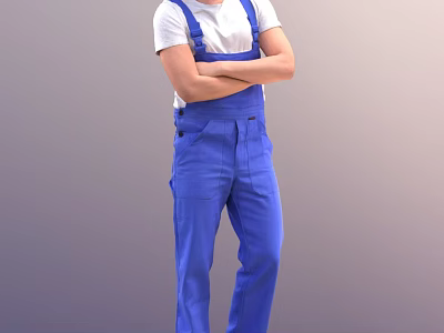 Man Wearing Blue Overalls And White T-Shirt Standing With Arms Crossed 3d model