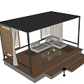 Modern Pergola With Metal Frame Black Roof Wooden Floor Sofa Coffee Table Louver And Curtain