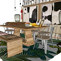 Wooden Dining Table Set With Matching Chairs Fruits Dishes Lamps And Decorative Paintings