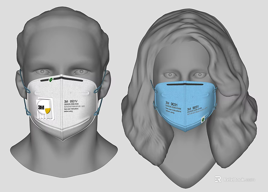 N95 Masks On Male And Female Head Models With White And Blue Design 3d model 