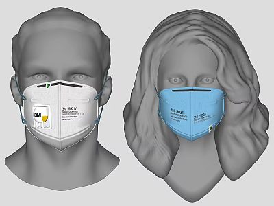 N95 Masks On Male And Female Head Models With White And Blue Design 3d model