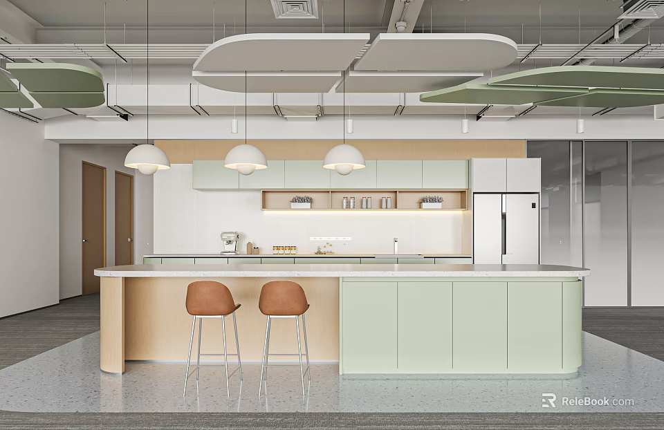 Modern Office Pantry Interior With Counter Stools Light Green Cabinets And Pendant Lights 3d model 