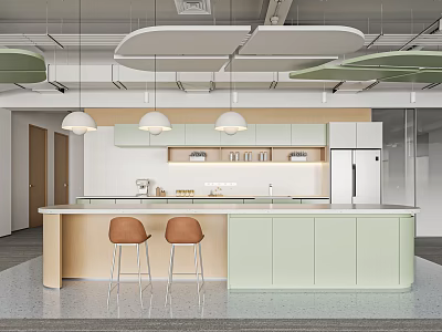 Modern Office Pantry Interior With Counter Stools Light Green Cabinets And Pendant Lights 3d model