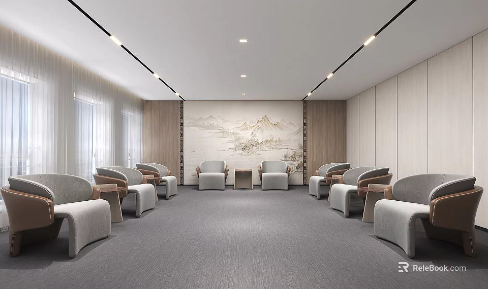 Modern Hotel Public Lounge Area With Soft Lighting Comfortable Armchairs And Landscape Painting 3d model 