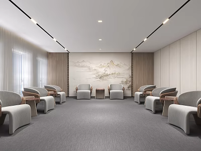 Modern Hotel Public Lounge Area With Soft Lighting Comfortable Armchairs And Landscape Painting 3d model