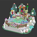 Colorful Lego Miniature Scene with Figures Trees Pavilion Fountain and Snowy Base