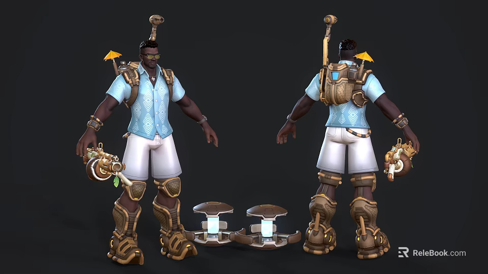 3D Character With Light Blue Shirt White Shorts Goggles Backpack Mechanical Device Golden Knee Pads 3d model 
