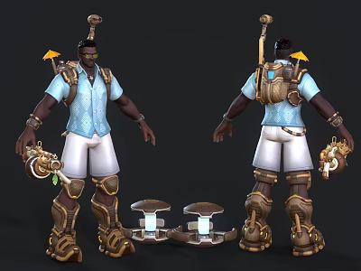 3D Character With Light Blue Shirt White Shorts Goggles Backpack Mechanical Device Golden Knee Pads 3d model