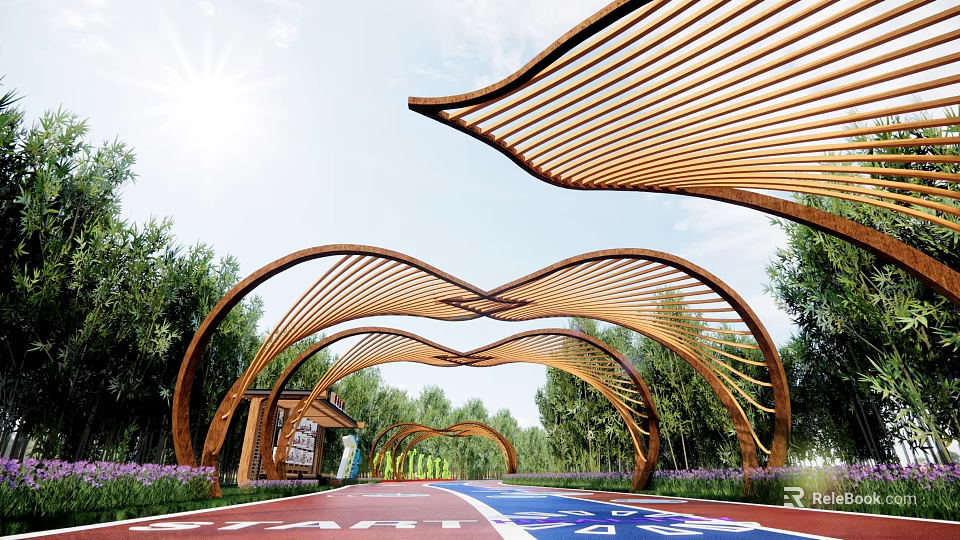 Wooden Curved Pergola Structure With Natural Sunlight Lush Trees And Scenic Pathway 3d model 