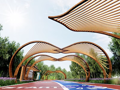 Wooden Curved Pergola Structure With Natural Sunlight Lush Trees And Scenic Pathway 3d model