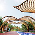Wooden Curved Pergola Structure With Natural Sunlight Lush Trees And Scenic Pathway