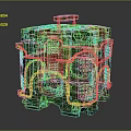 Green Cube Shaped Industrial Equipment With Red Accents Metallic Pipes And Control Panel