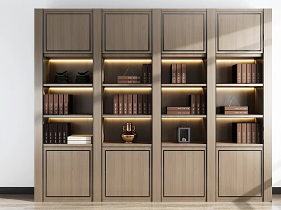 Modern Wooden Bookshelf Interior Design With Multiple Shelves Books And Decorative Items 3d model