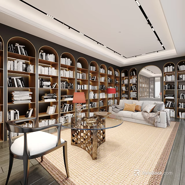 Modern Study Room With Built-in Bookshelves Sofa Red Table Lamp Throw Pillows And Coffee Table 3d model 