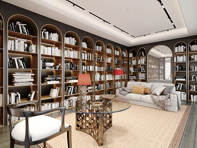 Modern Study Room With Built-in Bookshelves Sofa Red Table Lamp Throw Pillows And Coffee Table 3d model