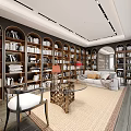 Modern Study Room With Built-in Bookshelves Sofa Red Table Lamp Throw Pillows And Coffee Table