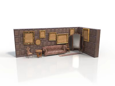 Vintage Interior With Dark Brown Paneled Walls Golden Framed Artworks Brown Leather Sofa And Chair 3d model