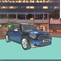 Blue Mini Cooper Car on Urban Street with Tall Buildings and Evening City Lights