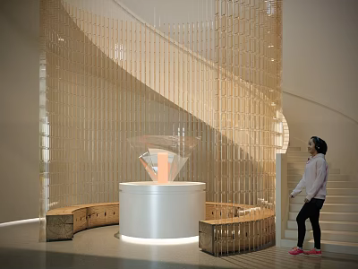 Modern Space With Spiral Glass Structure White Circular Platform Diamond Like Exhibit And Wooden Benches 3d model