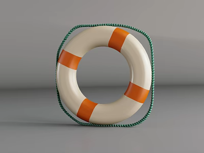 White And Orange Striped Lifebuoy With Green Rope On Gray Background 3d model