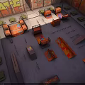 Indoor Skate Park With Graffiti Red Walls Red Orange Ramps Stairs And Benches
