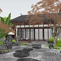 Karesansui Dry Landscape Garden with Traditional Japanese Architecture Rocks Gravel Stepping Stones and Trees