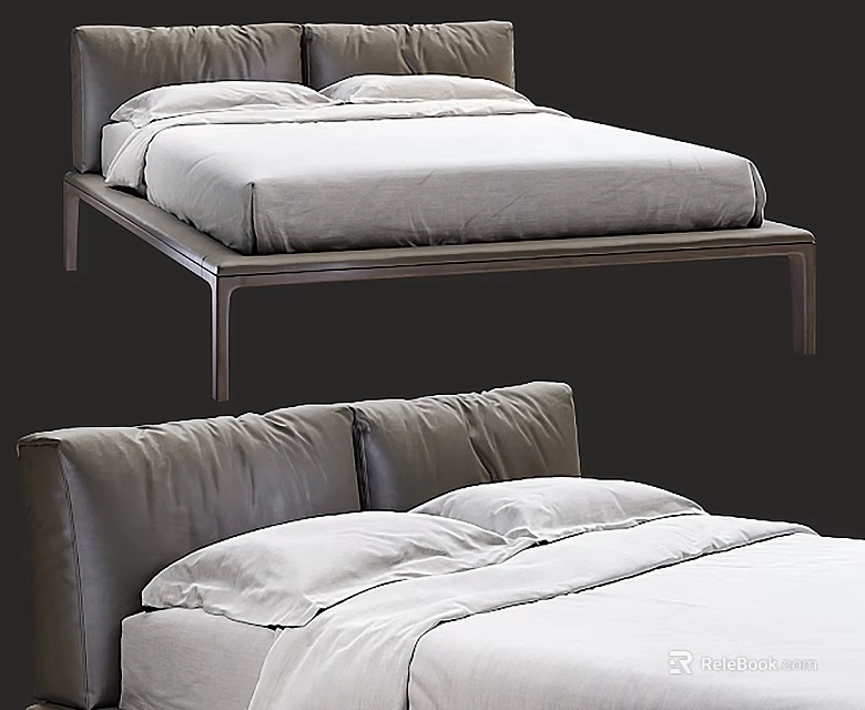 Modern Double Bed With Leather Headboard White Sheets And Sleek Frame 3d model 