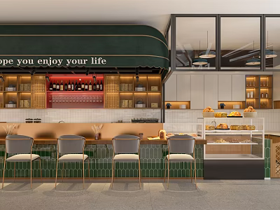 Cozy Cafe Interior With Green Awning Counter Chairs And Pastry Display Shelves 3d model