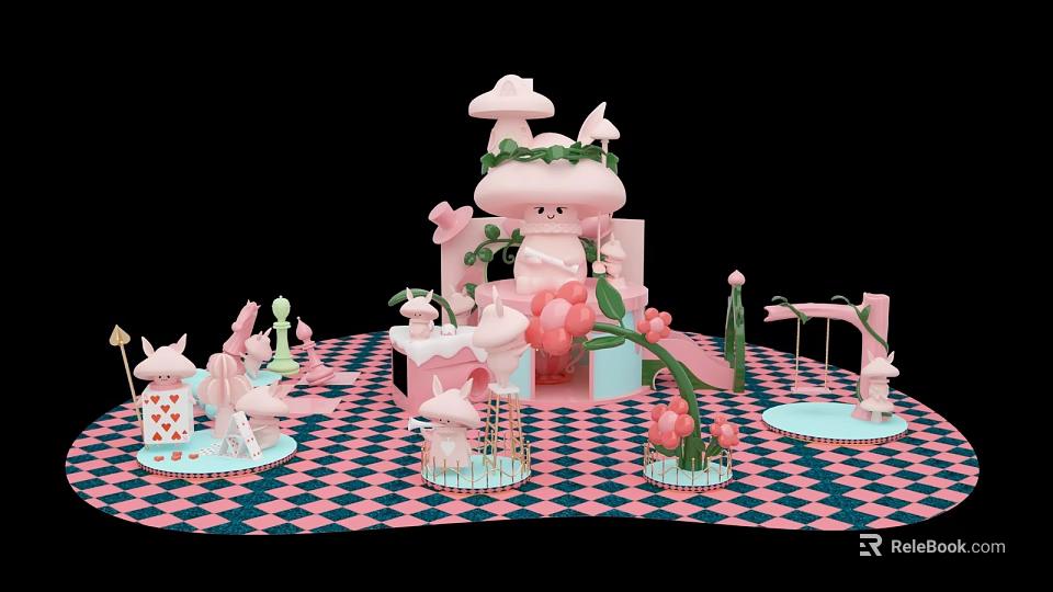 Art Installation With Pink Mushrooms Flowers Unicorns Checkerboard Floor Small House And Bridge 3d model 