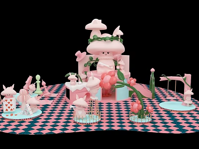 Art Installation With Pink Mushrooms Flowers Unicorns Checkerboard Floor Small House And Bridge 3d model