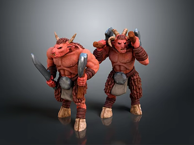Two Red Horned Fantasy Creatures Holding Weapons With Furry Skins And Muscular Build 3d model