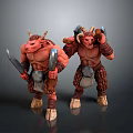 Two Red Horned Fantasy Creatures Holding Weapons With Furry Skins And Muscular Build