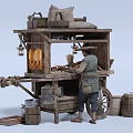 Traditional Chinese Street Food Cart Cooking Homemade Noodles with Wooden Structure and Lanterns