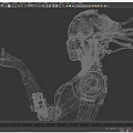 Futuristic Game and Movie Cybernetic Female Robot Character with Mechanical Arm and Cable Hair