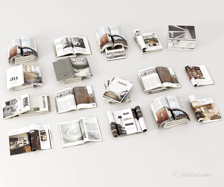 Open Books And Magazines With Various Interior Design Pages Displayed 3d model
