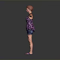 Woman With Arms Outstretched Wearing Purple Floral Tank Top Blue Shorts And Purple Sandals