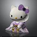 Cute White Cat Character In Purple Kimono With Purple Bow Holding Small House Decoration