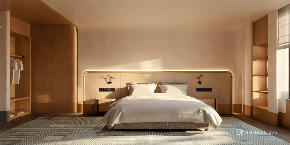 Hotel Guest Room With Modern Wooden Headboard White Bedding And Natural Light 3d model 