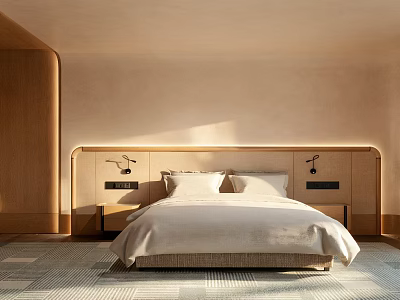 Hotel Guest Room With Modern Wooden Headboard White Bedding And Natural Light 3d model