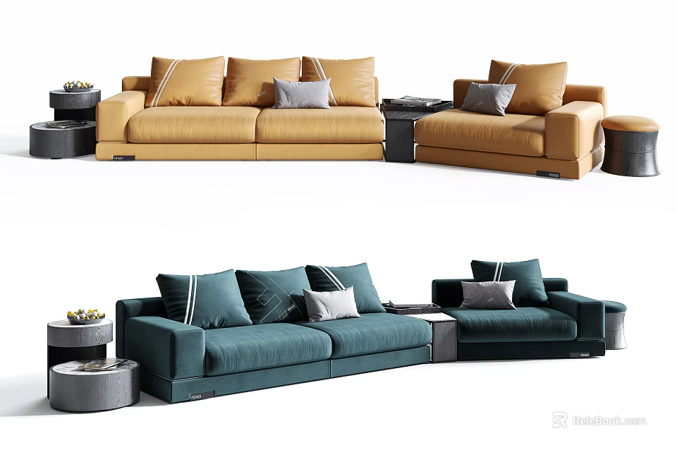 Yellow And Teal Sectional Sofas With Decorative Cushions And Side Tables 3d model 