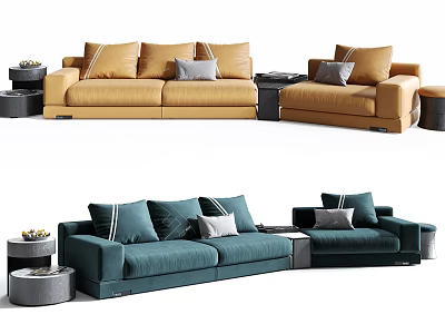 Yellow And Teal Sectional Sofas With Decorative Cushions And Side Tables 3d model