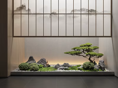 Tranquil Indoor Landscape With Bonsai Pine Rocks Small Shrubs Shoji Screen And Subtle Lighting 3d model
