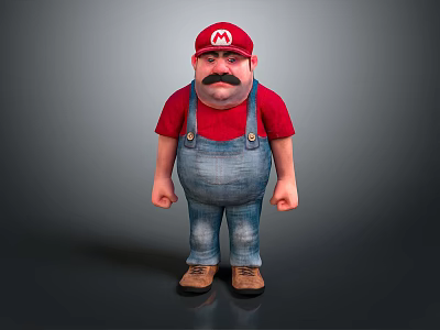 A Man with Mustache Wearing Red Hat Red T-shirt Blue Overalls and Brown Shoes 3d model