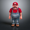A Man with Mustache Wearing Red Hat Red T-shirt Blue Overalls and Brown Shoes