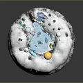 Snow Covered Circular Terrain With Blue Water Area Green Trees Yellow Sphere And Falling Snowflakes