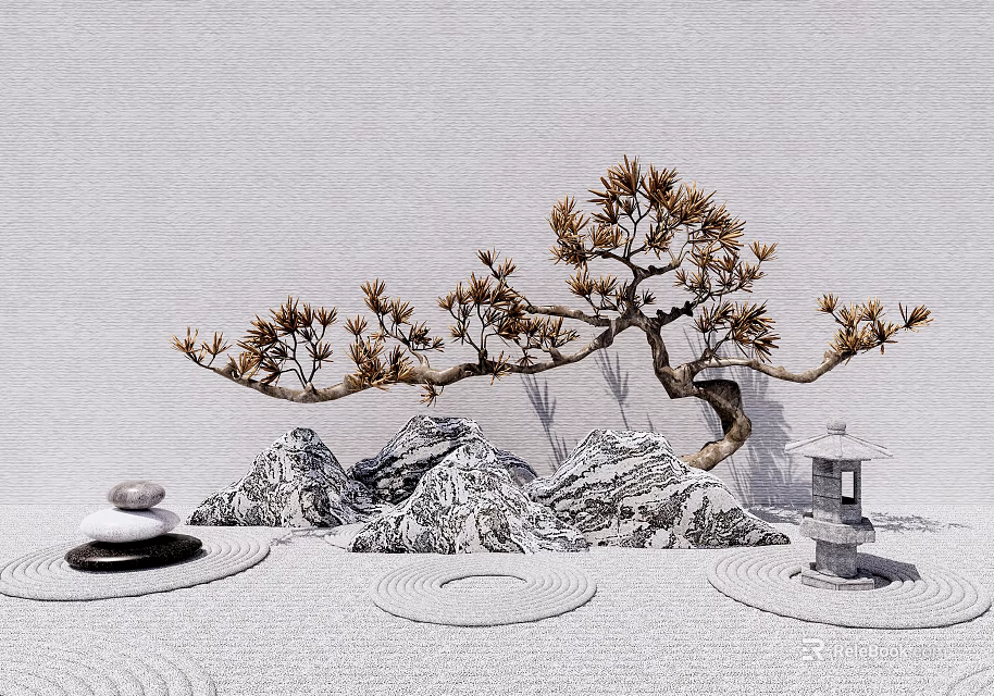 Ornamental Garden Decor With Styled Tree Rock Formations Stacked Stones Small Lantern and Circular Patterns 3d model