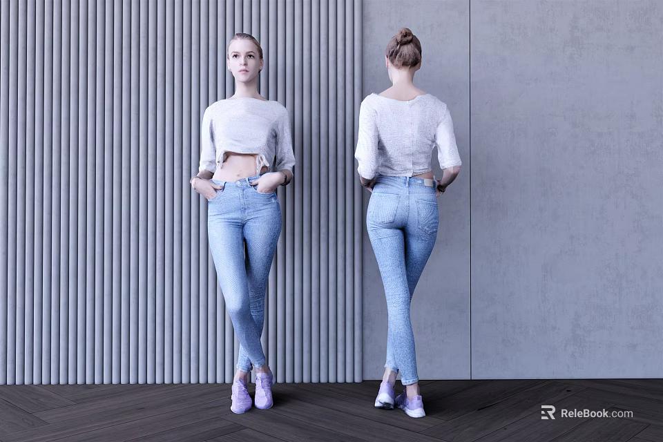 Woman Wearing White Top Light Blue Jeans Front Back Against Striped Gray Wall Purple Shoes 3d model 
