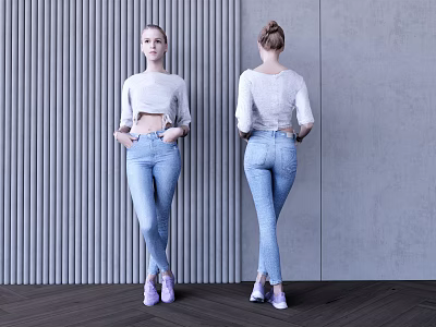 Woman Wearing White Top Light Blue Jeans Front Back Against Striped Gray Wall Purple Shoes 3d model